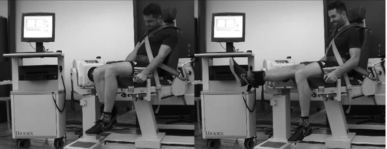 Voorbeeld van een krachtmeting op een isokinetische dynamometer (Biodex) Voorbeeld van een krachtmeting op een isokinetische dynamometer (Biodex)
